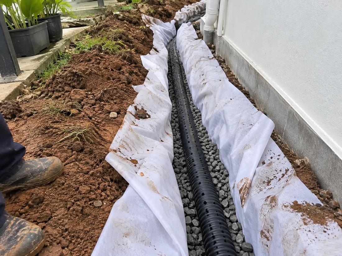 AeroTex wrapping the stone and pipe of a French drain beside a house